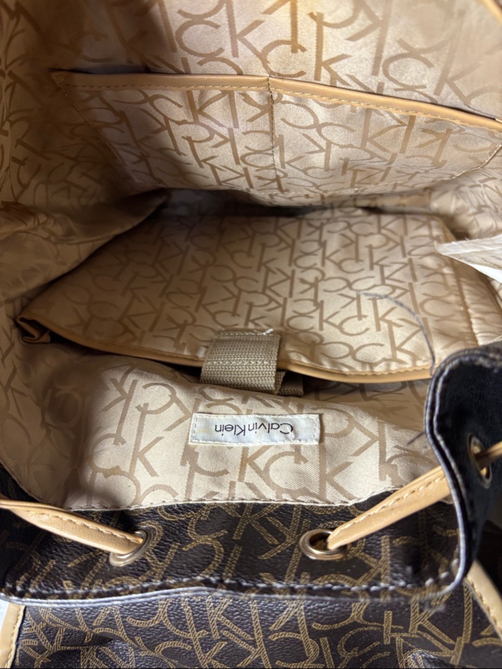Calvin Klein Brown Monogram Backpack with Tan Trim missing Klein logo - Picture 6 of 12